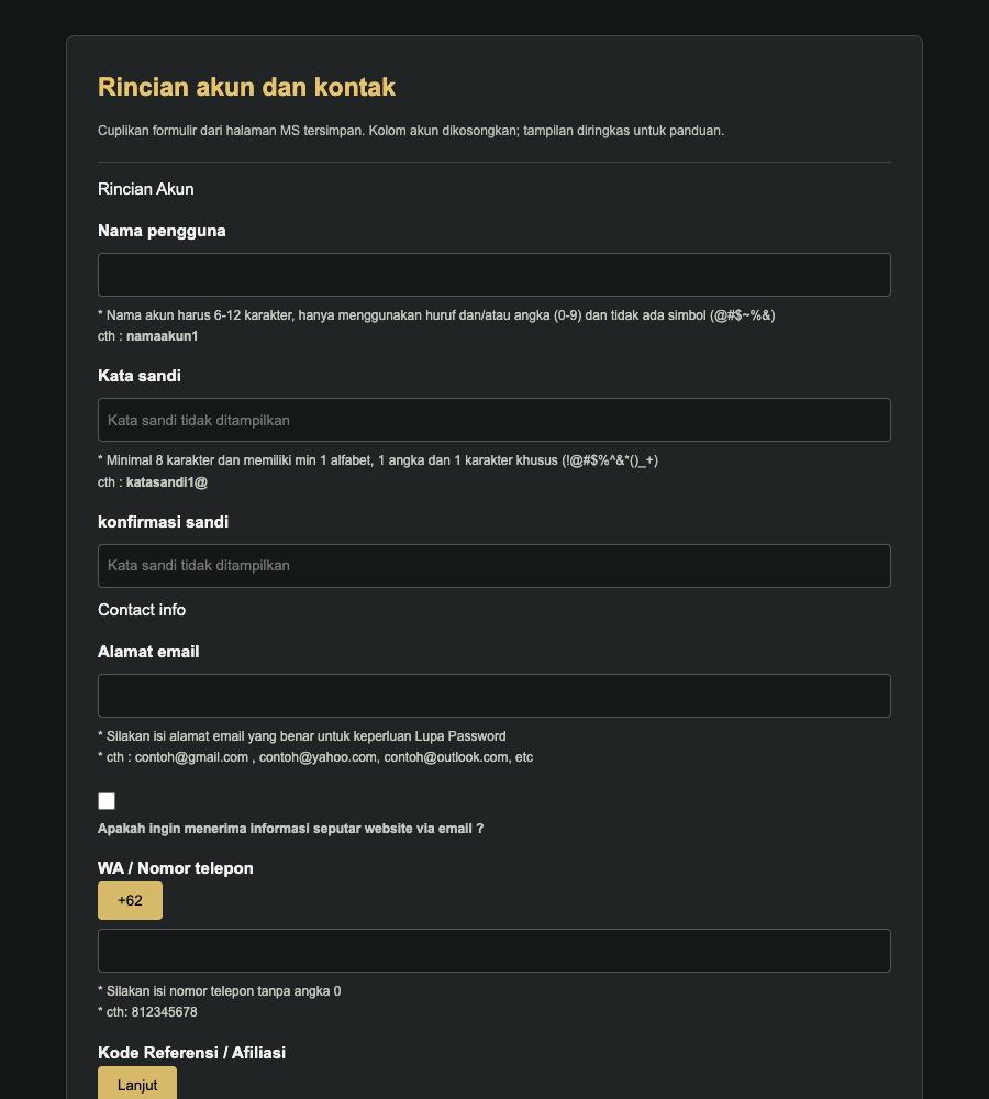 Cuplikan formulir rincian akun dan kontak Supraslot