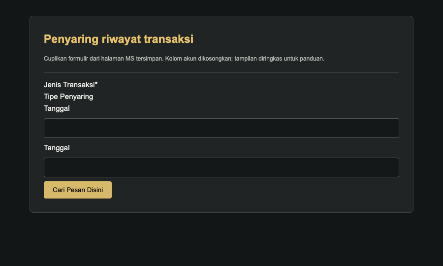 Cuplikan penyaring riwayat transaksi Supraslot