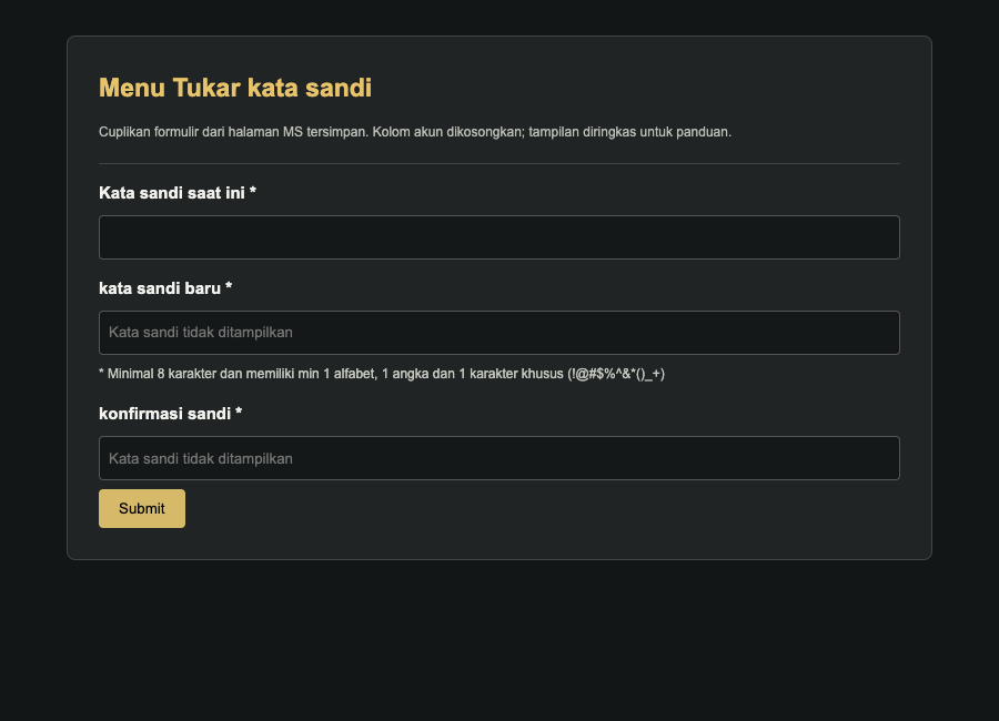 Cuplikan menu perubahan kata sandi Supraslot
